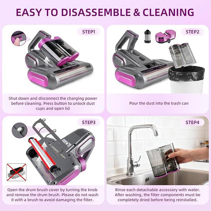 Cordless Mattress Vacuum Cleaner, 16Kpa Handheld Bed Vacuum with 253.7nm UV-C Light, Ultrasonic, Widened Suction, Low Noise, HEPA Filtration for Mattress Sofa Couch Pet Hair, Purple