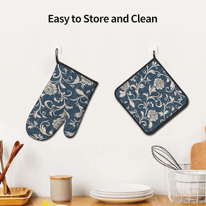 Navy Blue Oven Mitts and Pot Holders Vintage Floral Kitchen Accessories Set of 2 Teal Flowers Gloves Potholder for Chef Cooking Baking Grilling BBQ