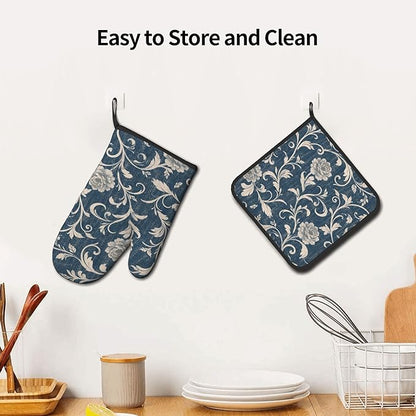 Navy Blue Oven Mitts and Pot Holders Vintage Floral Kitchen Accessories Set of 2 Teal Flowers Gloves Potholder for Chef Cooking Baking Grilling BBQ