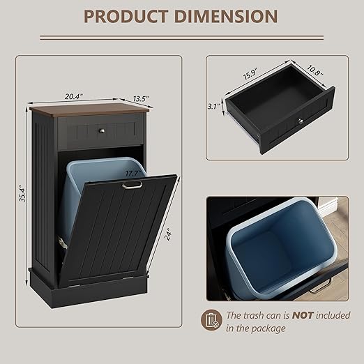 LOUVIXA Tilt Out Trash Can Cabinet, Hidden Trash Cabinet with Drawer, Wooden Dog Proof Trash Can Holder, Tilt Out Laundry Hamper, Garbage Can Holder (Black)