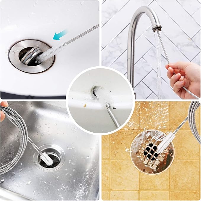 RayTour Extra-Thick Drain Brush with Stronger Spring 61-Inch Stainless Steel and Nylon Pipe Cleaner for Flexible, Curved & Slim Holes, Stronger Spring Version