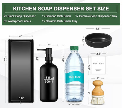 GMISUN Kitchen Soap Dispenser Set, 17 fl oz Dish Soap Dispenser with Ceramic Tray & Bamboo Brush for Kitchen, 2Pcs Matte Black Glass Hand and Dish Soap Dispenser Set, Refillable Soap Bottle Set