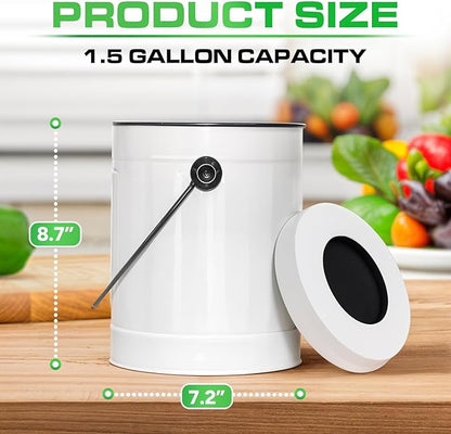 Plexon Countertop Compost Bin Kitchen with Lid, 1.5 Gallon Odorless Kitchen Compost Container, Steel Food Bucket with Charcoal Filter, Pail for Countertop, White