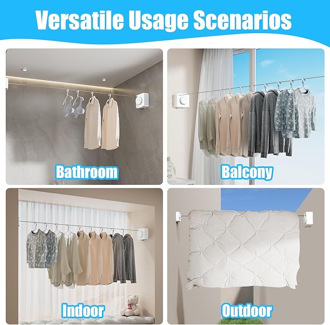 Retractable Clothesline Indoor - Non-Sagging Retractable Clothesline Outdoor - Retracting 13.8 Ft Heavy Duty Drying Clothes Line - Wall Mounted Stainless Steel Laundry Line (White, Square)