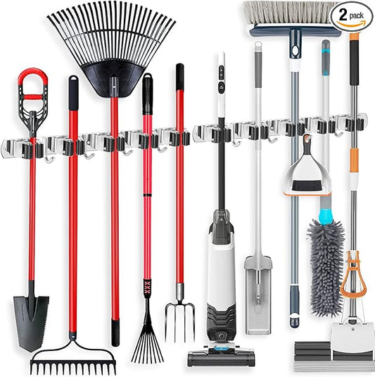 IMILLET 2 Pack Wall Mount Broom Holder Stainless Steel 5 Racks with 4 Hooks Broom Organizer Self Adhesive Heavy Duty Laundry Room, Garage Organization Storage