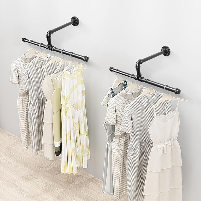 Industrial Pipe Clothes Rack Wall-Mounted, Multi-purpose Rustic Vintage Hanging Rod for Space-Saving Storage in Bedroom, Bathroom, and Laundry Room, 2 Pack Black