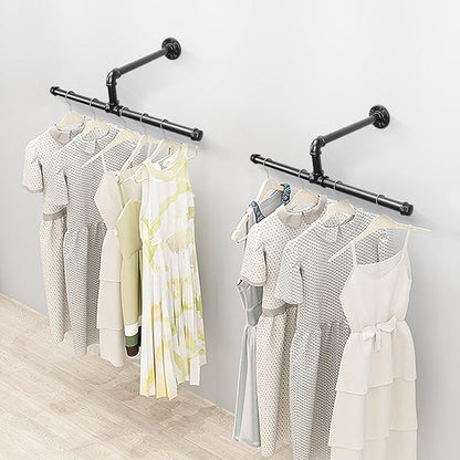 Industrial Pipe Clothes Rack Wall-Mounted, Multi-purpose Rustic Vintage Hanging Rod for Space-Saving Storage in Bedroom, Bathroom, and Laundry Room, 2 Pack Black