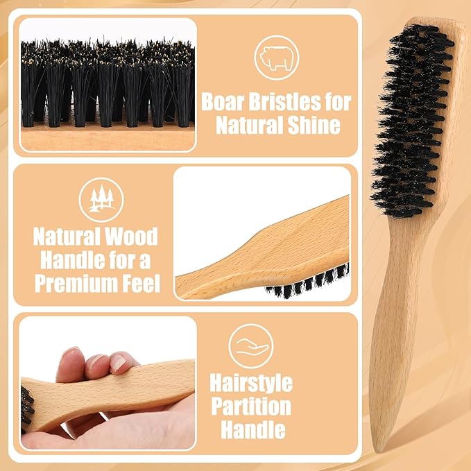 Boar Bristle Hair Brush, Slick Back Hair Brush, Hair Wax Stick and Spray Bottle for Women Men Sectioning Smoothing Parting Flyaways Hairs