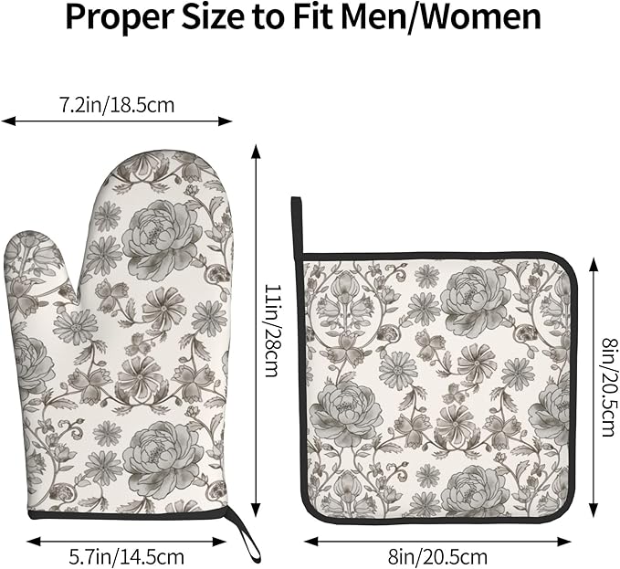 Vintage Flowers Oven Mitts and Pot Holders Sets Boho Kitchen Gloves White Grey Floral Hot Pads Cute Baker Stuff Chef Cooking Baking Gifts for Women