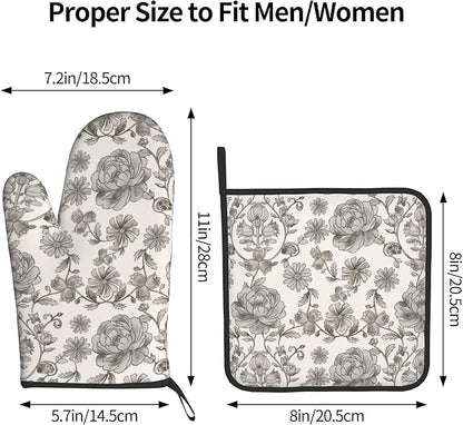 Vintage Flowers Oven Mitts and Pot Holders Sets Boho Kitchen Gloves White Grey Floral Hot Pads Cute Baker Stuff Chef Cooking Baking Gifts for Women