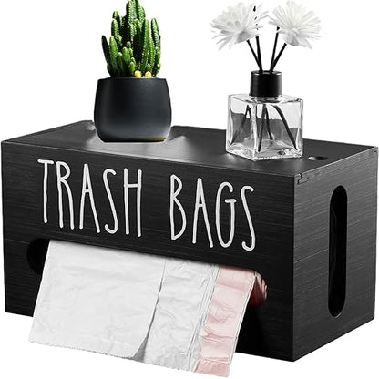 Trash Bag Dispenser, Wall Mount Trash Bag Holder Dispenser with Lid Wooden Kitchen Trash Bag Roll Organizer Plastic Garbage Bag Storage for Cabinet. (Black)