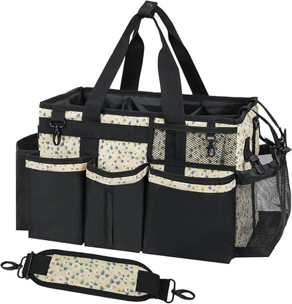 SCAVATA Wearable Cleaning Caddy, Cleaning Caddy Supplies Organizer with Handle & Shoulder Straps for Housekeepers, Under Sink & Car Cleaning Tool Organizers Bag with 4 Foldable Divider (YellowFlower)