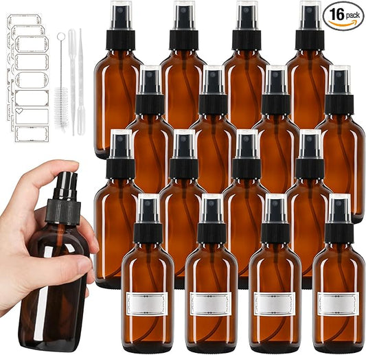 Jaisie.W 4 oz Glass Spray Bottles with Fine Mist Sprayer 16 Pack - Amber Refillable Empty Containers for Essential Oils, Perfumes, Toner, Hair, Skin Care, Plants, Cleaning Solutions & Travel