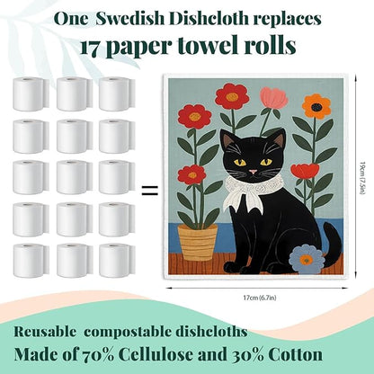 Cat Flowers Swedish Dishcloths for Kitchen, Papaya Reusable Paper Towels, 4 Pack Watercolor Dish Towels
