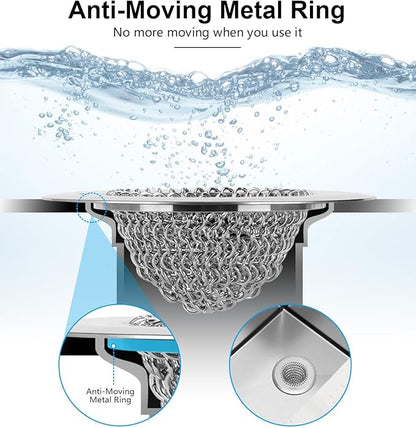 Sink Drain Strainer&Stopper, Anti-Slip Flexible Mesh Sink Strainer with 304 Stainless Steel, Clog-Free Kitchen Sink Strainer, Easy-Clean Sink Catcher Strainer& Silicone Stopper