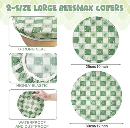 2-Pack Reusable Beeswax Bowl Covers with Green Leaf Pattern, 10/12 Inch Elastic Cotton Food Storage Covers for Bread Proofing, Sourdough Dough & Kitchen Containers