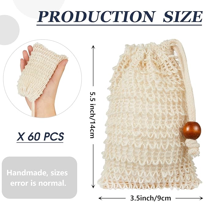 Cunhill 60 Pack Soap Saver Bag Exfoliating Soap Pouch with Drawstring Bar Wooden Bead Foaming and Drying Exfoliating Net for Bath and Shower (3.5x5.5 Inch)