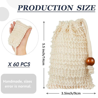 Cunhill 60 Pack Soap Saver Bag Exfoliating Soap Pouch with Drawstring Bar Wooden Bead Foaming and Drying Exfoliating Net for Bath and Shower (3.5x5.5 Inch)