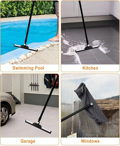 Heavy Duty Floor Squeegee for Concrete Floor– 14.2” Rubber Broom with Cloth Clip Design, 52” Extendable Window Cleaner, Squeegee Broom for Floor, Bathroom, Garage, Tile,Patio &Shower