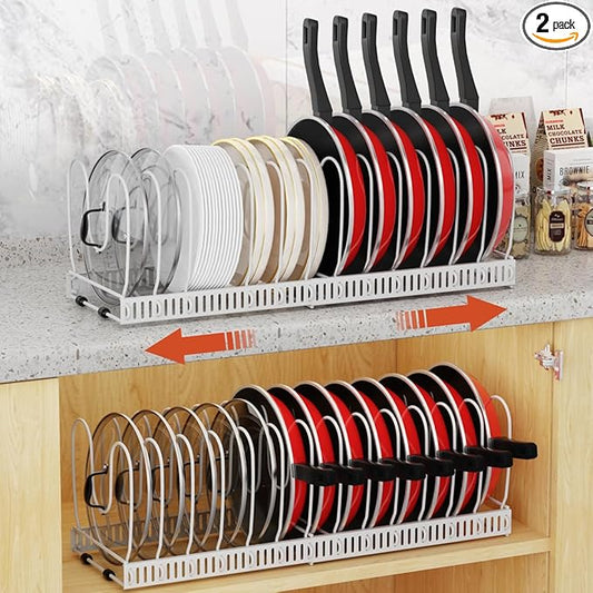 Housolution 2 Pack Pot and Pan Organizer, 12"-23" Expandable Pot Lid Organizer with 14 Adjustable Dividers, Pan Lid Holder Storage Rack for Cabinet, White
