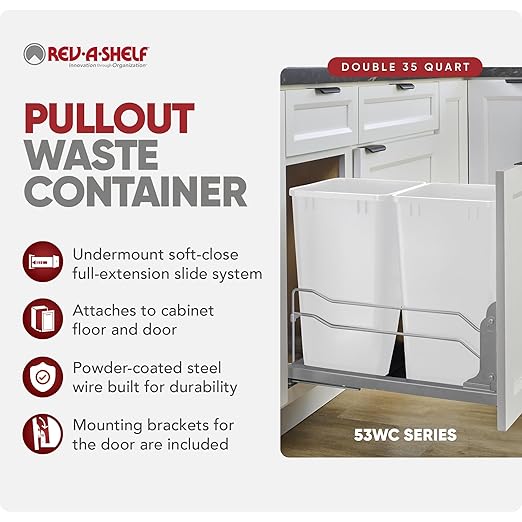 Rev-A-Shelf Double Pullout Trash Cans for Under Kitchen Cabinets 35 Quart 8.75 Gallon with Soft-Close Slides, 14.5" Min Opening, 53WC-1835SCDM-211