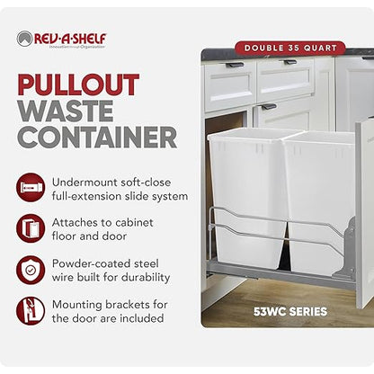 Rev-A-Shelf Double Pullout Trash Cans for Under Kitchen Cabinets 35 Quart 8.75 Gallon with Soft-Close Slides, 14.5" Min Opening, 53WC-1835SCDM-211