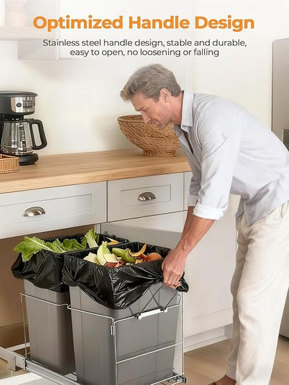 FOHERE Pull Out Trash Can Under Cabinet, 35 QT Double Under Sink Trash Can Waste Container with with Chrome Wire Bottom Mount and Handle, Heavy Duty Garbage Recycling Bin for Kitchen Cabinet, Sink