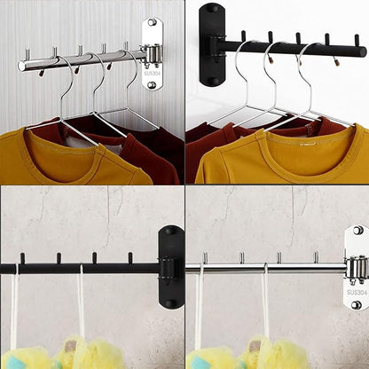 Folding Wall Mounted Clothes Hanger Rack with Swing Arm Stainless Steel Heavy Duty Coat Hook for Bathroom, Bedroom, Laundry Room- Silver