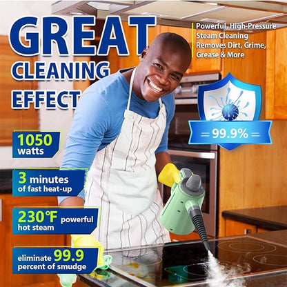 Steam Cleaner for Home, 1050W Pressurized Handheld Steam Cleaner for Deep Cleaning, Powerful Grease Removal, Chemical Free Steamer for Cleaning with Safety Lock & 10 Tools for Kitchen Bathroom (Green)