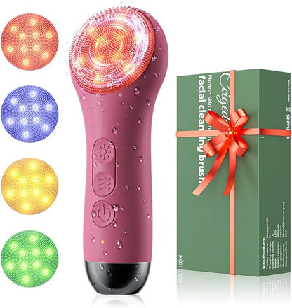 Face Scrubber Facial Cleansing Brush - Waterproof and Rechargeable Face Cleansing Brush with 4 LED Gentle Light, Cleansing, Exfoliating and Massaging, Electric Face Scrub Brush for Men & Women