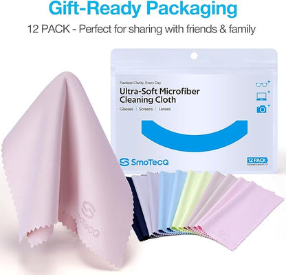 SmoTecQ 12 Pack Microfiber Lens Cleaning Cloths – Ultra-Soft, Scratch-Free Eyeglass Cloths for Glasses, Screens & Cameras – 7×6 in, Assorted Colors