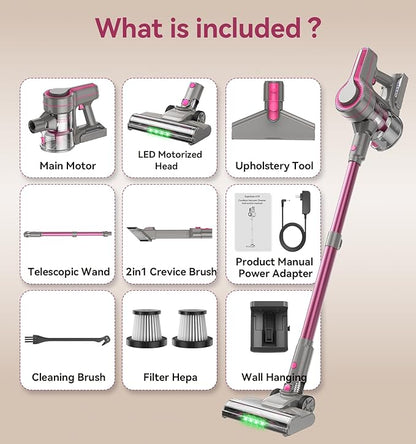 Cordless Vacuum Cleaner, 600W 50KPA 50Mins Stick Vacuum Cleaners for Home with LED Light, Self-Standing, Anti-Tangle Brush, Lightweight Vacuum for Pet Hair, Carpets, Hard Floors