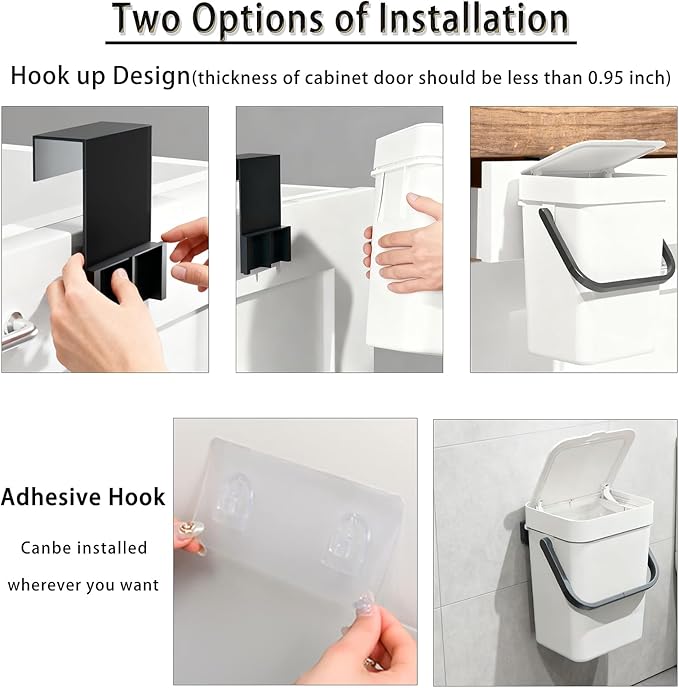 Compost Bin Kitchen, for use on Countertops or Under Sinks, Hanging Trash Can with Lid, Mountable Indoor Compost Bucket, for Cupboard/Bathroom/Bedroom/Office/Camping (White 0.8 Gallon/3L)