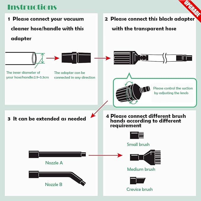 EZ SPARES Vacuum Crevice Attachment Kit,Micro Cleaning Tools for Car, Keyboard, Vents & Tight Spaces, Compatible with Most 1-1/4 Inch Hose Vacuums,Odor-Free (with A Storage Bag)