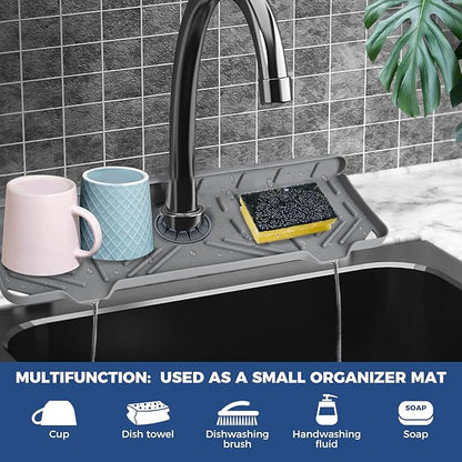 2 Pcs Silicone Faucet Handle Drip Catcher Tray, 2 in 1 Dish Soap Sponge Holder for Kitchen Sink & Splash Guard, Drying Mat for Sink Accessories, Counter, Bathroom