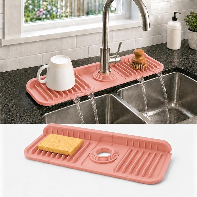 14.5" Silicone Faucet Handle Drip Catcher Tray,7° Sloped Self Draining Mat with Snap-on Design & Soap Holder, Sink Splash Guard for Kitchen & Bathroom, Trim-to-Fit Opening