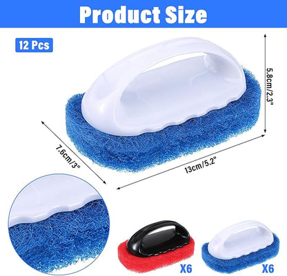 12 Pack Handled Scrubber Set, Non-Scratch Reusable Scouring Pads with Handle for Bathroom, Shower Tile, Bathtub, Pool, Kitchen & Grills Surfaces Teak Cleaner