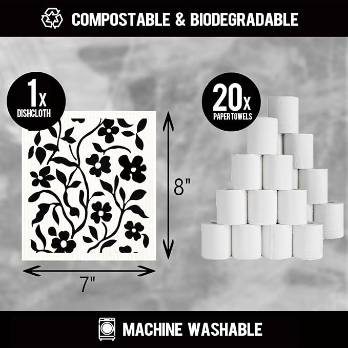 12 Pack Swedish Dishcloths with 2 Push Towel Hooks - Super Absorbent Dish Rags for Washing Dishes, Quick Drying Wash Cloth for Kitchen Cleaning- Black Set