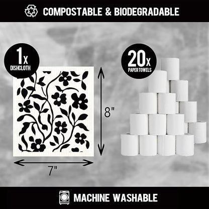 12 Pack Swedish Dishcloths with 2 Push Towel Hooks - Super Absorbent Dish Rags for Washing Dishes, Quick Drying Wash Cloth for Kitchen Cleaning- Black Set