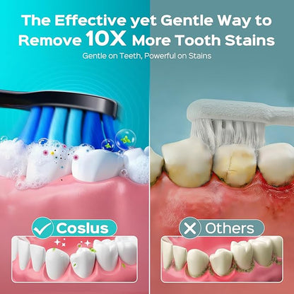 COSLUS C30 Electric Toothbrush for Adults & Kids: 3 Intensities & 5 Modes for Effective Yet Gentle Ultra-Clean Feel, 2 Types of Head for Gentle & Daily Care, Travel Home Use, Black & Green, 2PCS