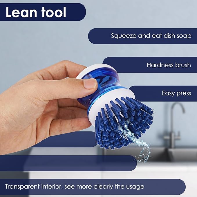 Dish Scrubber with Soap Dispenser, 3 Pack Soap Dispensing Palm Brush for Kitchen Sink Pot Pan, Color Coded Dishwashing Scrub Brush Set (Gray, Blue, Orange), Non-Scratch Cleaning Tool