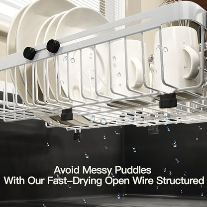 MAJALiS White Dish Drying Rack Over The Sink, Expandable Stainless Steel Dish Drainer for Small Kitchen Counter Space Saving, RV Compact Plate Strainer in Metal with Hanging Adjustable Utensil Holder