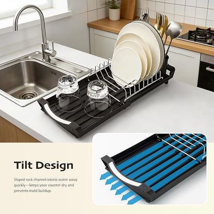Extendable Dish Drying Rack, Stainless Steel, Over Sink or Counter, with Utensil Holder