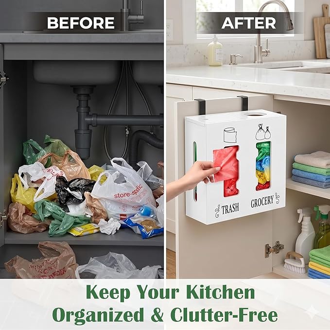 2 in 1 Trash Bag Dispenser and Grocery Bag Holder, Large Wooden Trash Bag Holder,Trash Bag Dispenser for Grocery Bags and Plastic Bags,Kitchen Cabinet Under Sink Organizers and Storage