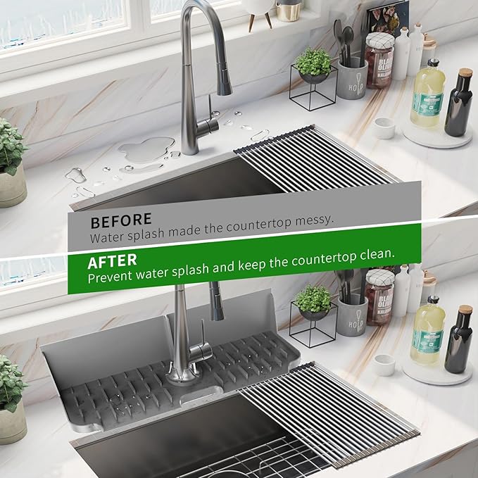 17” x 5.5” Silicone Faucet Handle Drip Catcher Tray Mat, Silicone Faucet Mat Dish Soap Sponge Holder for Kitchen Sink, Drying Mat for Kitchen Counter Bathroom Kitchen Sink Splash Guard - Grey