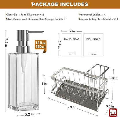 GMISUN Kitchen Soap Dispenser, 12 Fl oz/350ml Clear Dish Soap Dispenser with Silver Sponge Holder, Customized Glass Dish Soap Dispensers for Kitchen, Modern Hand and Dish Soap Dispensers Set Removable