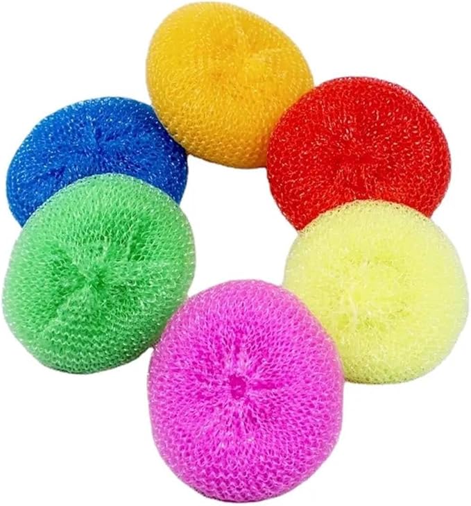 Plastic Scrubbers for Pots and Pans, Round Poly Mesh Scouring Pads, Assorted Colors Kitchen Cleaning Scourers for Dish Washing (6 Pcs)