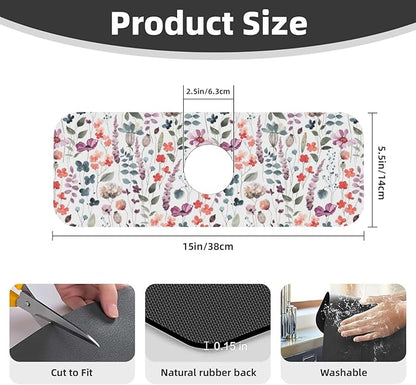 Vintage Watercolor Floral Flowers Abstract Leaves Kitchen Sink Splash Guard Faucet Mat Super Absorbent Fast Drying Mat Sink Gadgets-Fast Drying Pad Sink Mat For Kitchen Bathroom (15" X 5.5" )