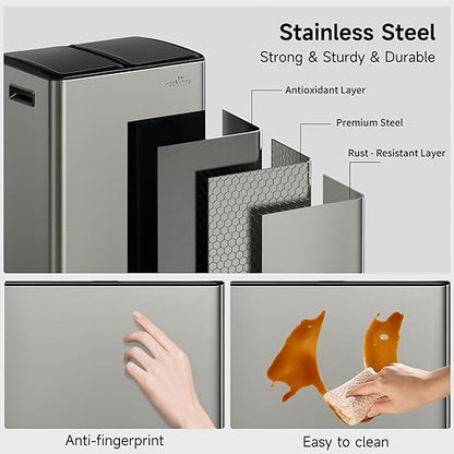 mVm Kitchen Trash Can, 10.6(2x5.3) Gal Dual Trash Can with ABS Lids, 2 Compartment Stainless Steel Recycle Bin for Home Kitchen Office (Gray)