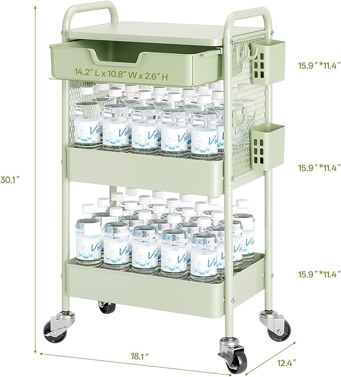 Rolling cart with Drawers - 3 Tier Metal Multifunctional Storage Organizors on Wheels with Tabletop, Hooks & Basket, Sturdy Craft & Art Cart for Bathroom, Bedroom, Children Room, Green